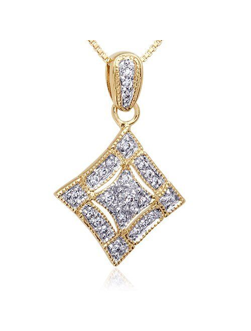 Peora Gold-tone Sterling Silver Vintage Diamond Shaped Pendant Necklace for Women, White Cubic Zirconia, with 18 inch Chain