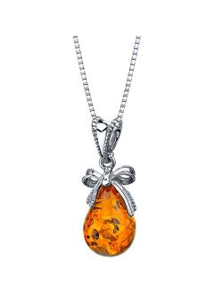 Genuine Baltic Amber Sweet Bow Pendant Necklace for Women 925 Sterling Silver, Rich Cognac Color, with 18 inch Chain