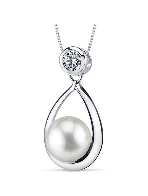 Peora Freshwater Cultured White Pearl Teardrop Pendant Necklace for Women 925 Sterling Silver, 8.5-9.0mm Round Button Shape AAA Grade, with 18 inch Chain
