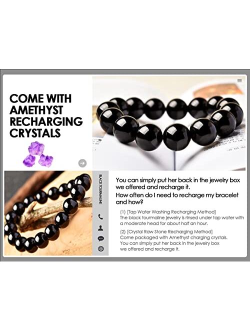 Owizjade Black Tourmaline Bracelet 2 PCS: 8MM & 10MM | 3A Grade Natural Chakra Crystal Jewelry | Birthstone of October, Fit 6"-8" Wrist Size, Bring Luck, Peace & Love, Fe