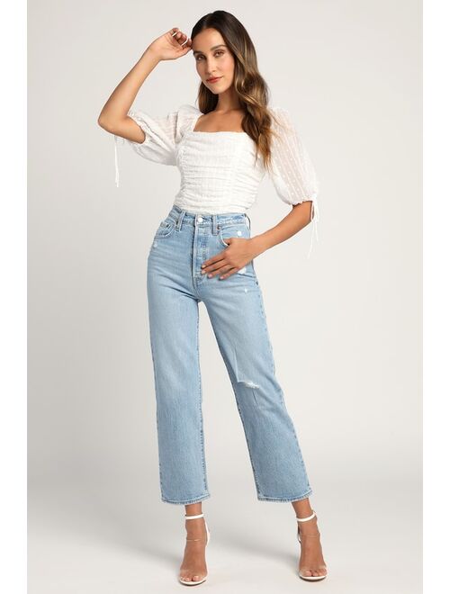 Lulus Think of Me Ivory Swiss Dot Ruched Bodysuit