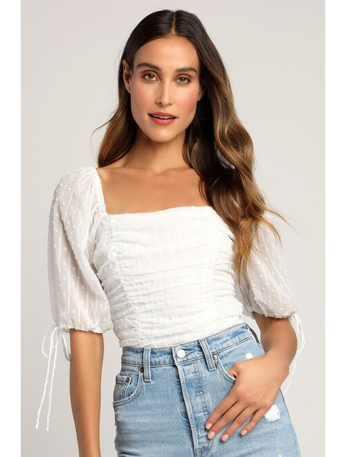 Lulus Think of Me Ivory Swiss Dot Ruched Bodysuit