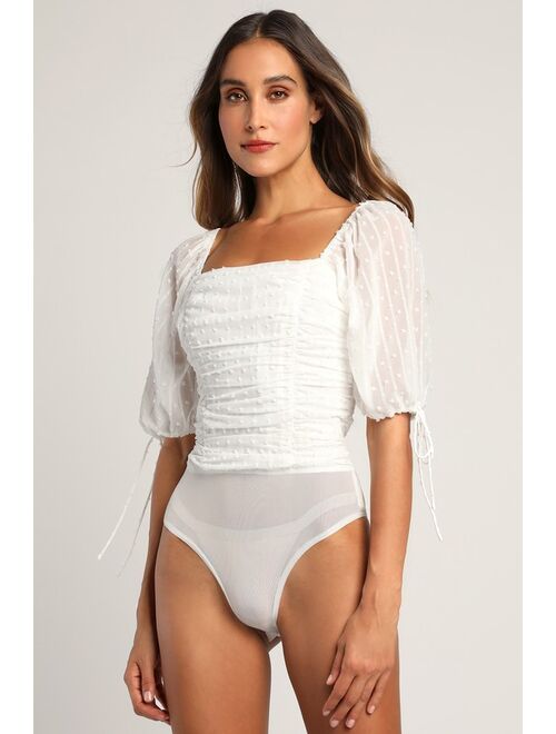 Lulus Think of Me Ivory Swiss Dot Ruched Bodysuit