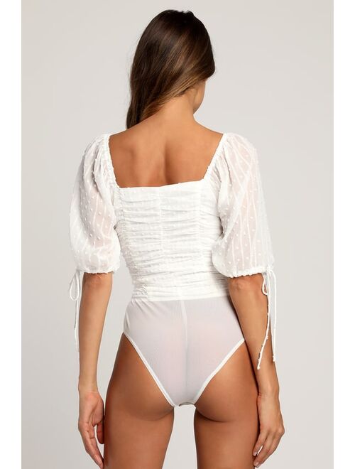 Lulus Think of Me Ivory Swiss Dot Ruched Bodysuit