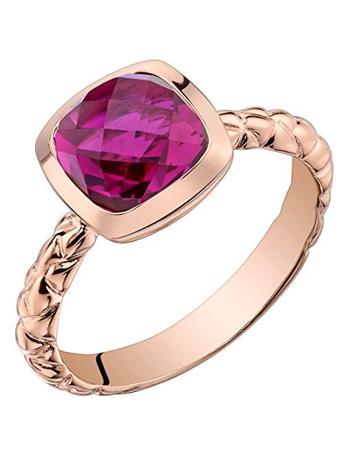 Peora Created Ruby Solitaire Ring for Women 14K Rose Gold, 2.50 Carats Cushion Cut 7mm, Comfort Fit, Sizes 5 to 9