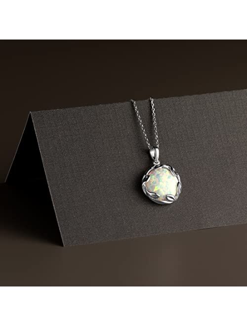 Peora 3 Carats Created White Fire Opal Pendant Necklace for Women 925 Sterling Silver, 14mm Round Shape Olive Leaf Vine Solitaire, October Birthstone Jewelry, with 18 inc