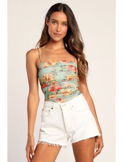 Breath of Mesh Air Sage Green Floral Print Ruched Bodysuit