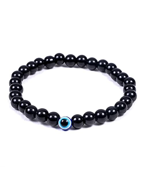 REBUY Black Tourmaline Bracelet Evil Eye Natural Healing Stone Gemstone Bracelet for Men & Women, Color Black, Bead Size 6 mm
