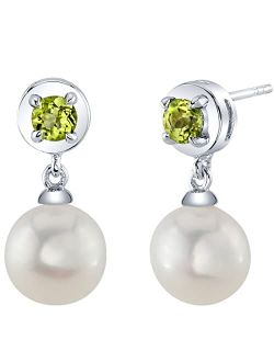 8mm Freshwater Cultured White Pearl and Peridot Dangle Drop Earrings 925 Sterling Silver, August Birthstone