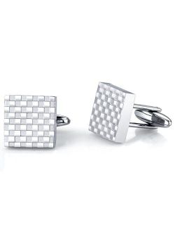 Mens Cuff Links Polished Stainless Steel Luxury Checkerboard Shirt Cufflinks for Fathers Day with Gift Box