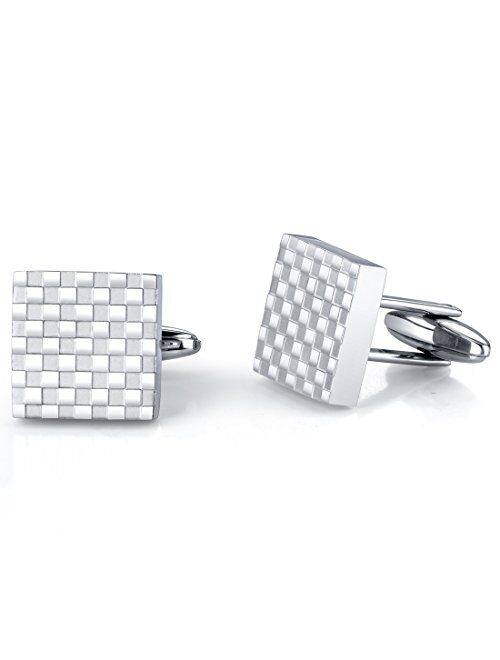 Peora Mens Cuff Links Polished Stainless Steel Luxury Checkerboard Shirt Cufflinks for Fathers Day with Gift Box