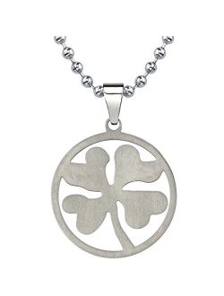Genuine Titanium Lucky Four Leaf Clover Shamrock Pendant Necklace for Men and Women, Brushed Polish Finish, Stainless Steel Ball Chain