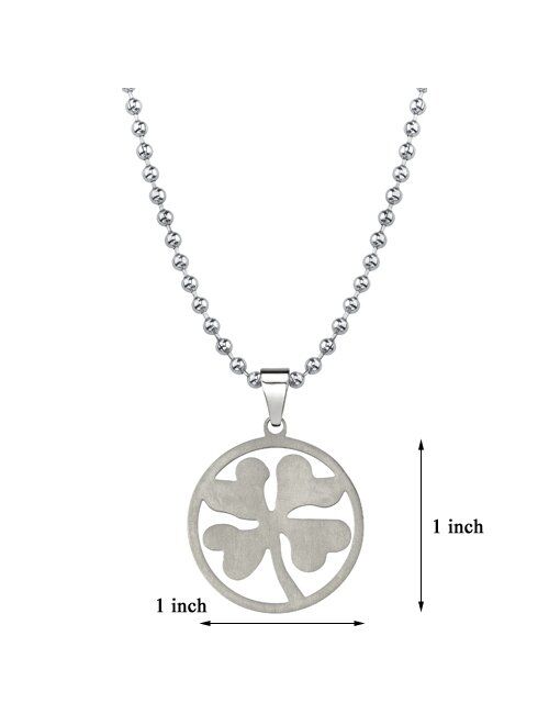 Peora Genuine Titanium Lucky Four Leaf Clover Shamrock Pendant Necklace for Men and Women, Brushed Polish Finish, Stainless Steel Ball Chain