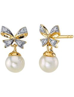 Freshwater Cultured White Pearl Drop Earrings in 14K Yellow Gold, Round Shape, 5mm Pretty Bow Dangle Design, Friction Backs