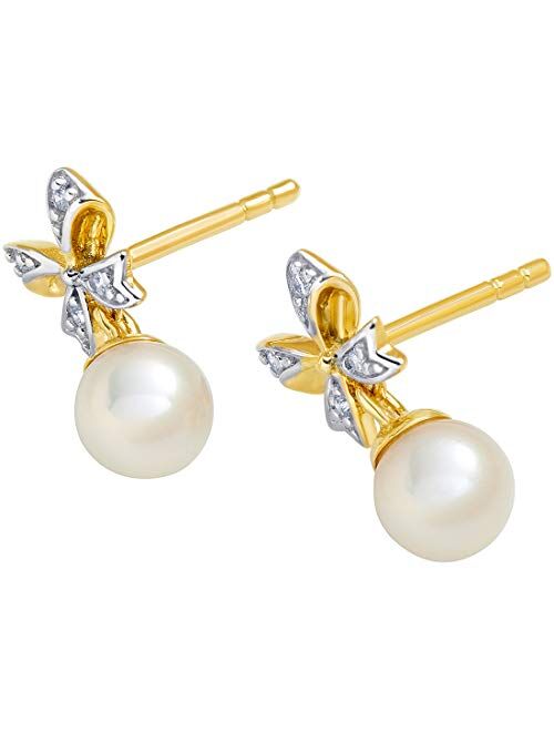 Peora Freshwater Cultured White Pearl Drop Earrings in 14K Yellow Gold, Round Shape, 5mm Pretty Bow Dangle Design, Friction Backs