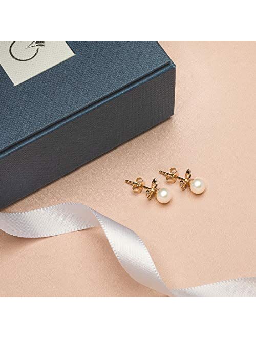 Peora Freshwater Cultured White Pearl Drop Earrings in 14K Yellow Gold, Round Shape, 5mm Pretty Bow Dangle Design, Friction Backs