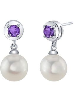 8mm Freshwater Cultured White Pearl and Amethyst Dangle Drop Earrings 925 Sterling Silver, February Birthstone