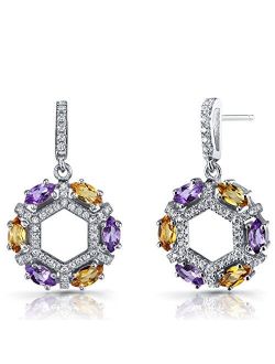 Amethyst and Citrine Small Hoop Dangle Earrings in Sterling Silver, Marquise Shape, 1.20 Carats Total, Friction Backs