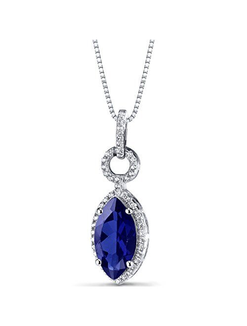 Peora Created Blue Sapphire Pendant Necklace for Women 925 Sterling Silver, Designer Vintage Style, 3.75 Carats Marquise Cut 14x7mm, with 18 inch Chain