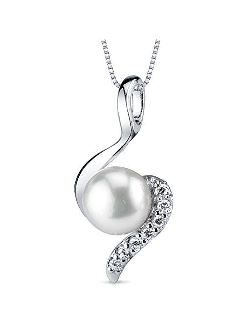 Peora Freshwater Cultured White Pearl Pendant Necklace in Sterling Silver, 7mm Round Button Shape, with 18 inch Chain