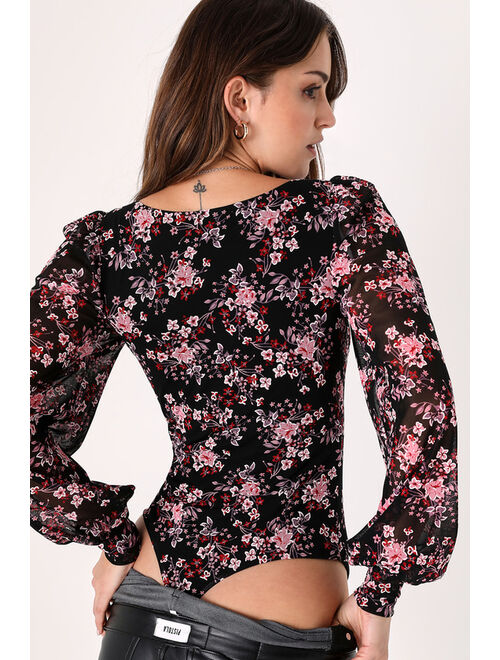 Lulus Flowering Charm Black Mesh Floral Print Puff Sleeve Bodysuit