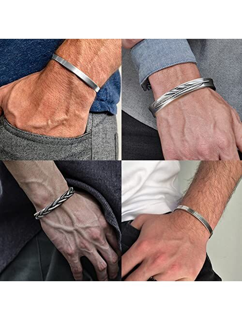 RIOSO 4Pcs Men's Cuff Bracelets Silver Cuff Bracelet Leaves Pattern Twisted Open Cuff Bracelet