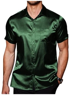 Men's Summer Shirts Short Sleeve Silk Satin Jacquard Shirts Casual Button Down Beach Shirt