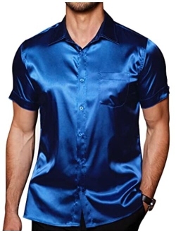 Men's Summer Shirts Short Sleeve Silk Satin Jacquard Shirts Casual Button Down Beach Shirt