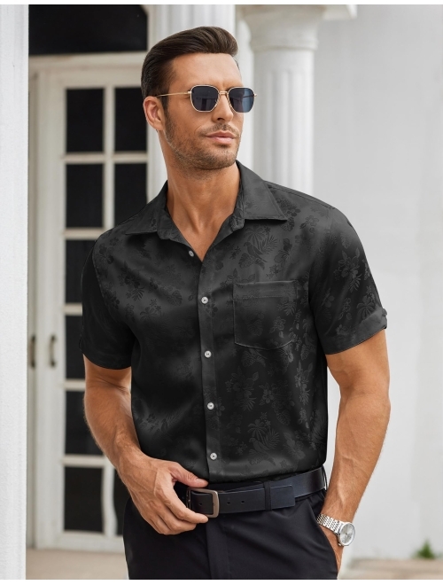 COOFANDY Men's Summer Shirts Short Sleeve Silk Satin Jacquard Shirts Casual Button Down Beach Shirt