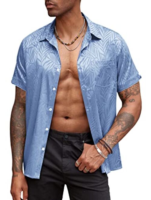 COOFANDY Men's Summer Shirts Short Sleeve Silk Satin Jacquard Shirts Casual Button Down Beach Shirt
