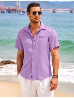 Mens Casual Linen Shirt Short Sleeve Button Down Shirt Summer Beach Hawaiian Shirts