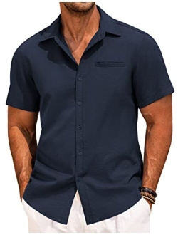 Mens Casual Linen Shirt Short Sleeve Button Down Shirt Summer Beach Hawaiian Shirts