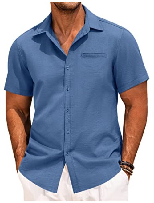 COOFANDY Mens Casual Linen Shirt Short Sleeve Button Down Shirt Summer Beach Hawaiian Shirts