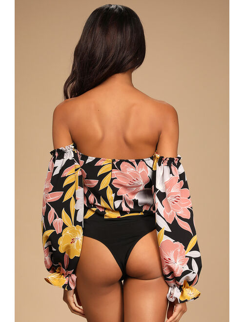 Lulus Bring the Blossom Black Floral Print Off-the-Shoulder Bodysuit