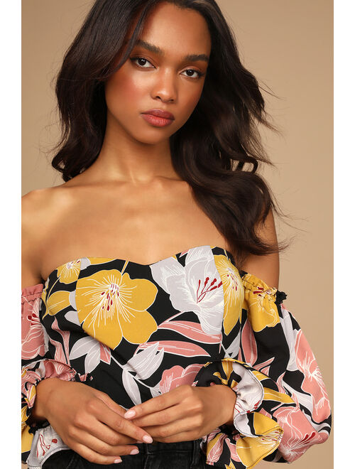 Lulus Bring the Blossom Black Floral Print Off-the-Shoulder Bodysuit