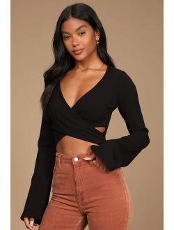 Perfect Appeal Black Ribbed Cutout Bell Sleeve Bodysuit