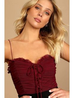 Some Nights Burgundy Lace-Up Ruched Sleeveless Bodysuit