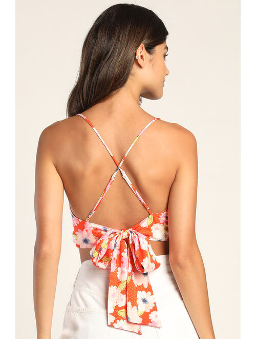Lulus Tie Me a River Red Orange Floral Print Satin Tie-Back Cami Top
