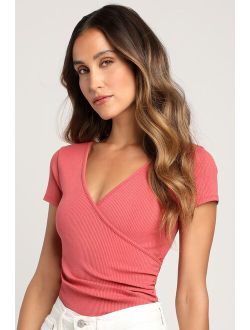 All Day Fave Rusty Rose Ribbed Surplice Short Sleeve Bodysuit