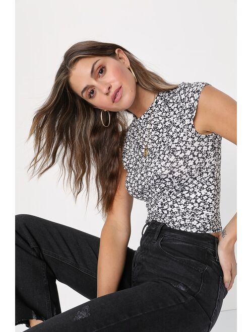 Lulus Updated Style Black and White Floral Mock Neck Short Sleeve Top