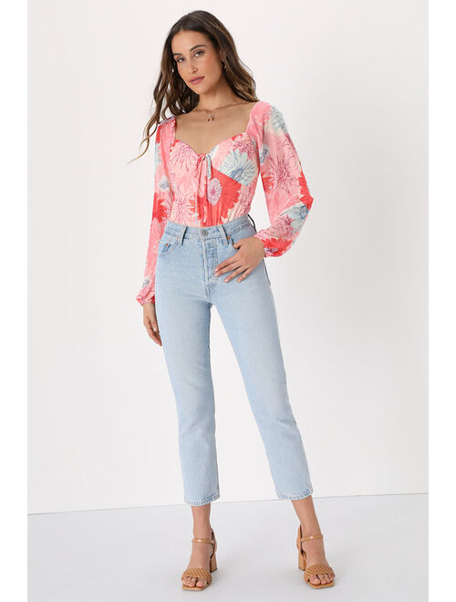 Lulus Vibrant Occasion Pink Floral Print Mesh Tie-Back Bodysuit