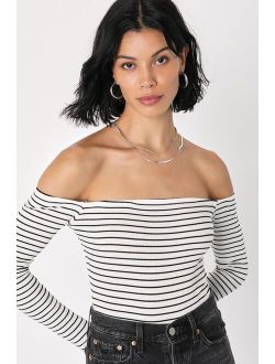 Absolute Amour White Striped Off-the-Shoulder Bodysuit