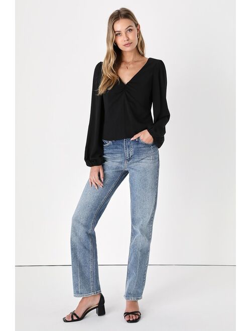 Lulus Sincere Sweetie Black V-Neck Balloon Sleeve Top