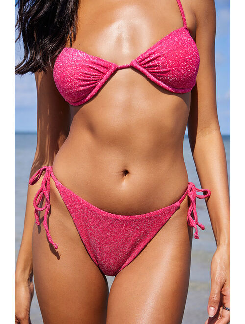 Lulus Glimmering Tides Hot Pink Sparkly Underwire Bikini Top