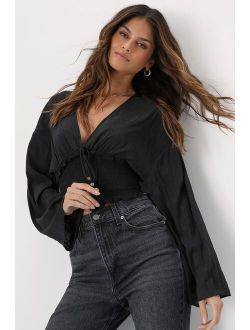 Babe Vibes Black Smocked Long Sleeve Tie-Front Top