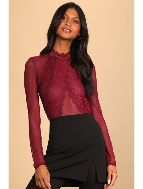 Lulus Show Stopping Burgundy Sheer Lace Long Sleeve Bodysuit