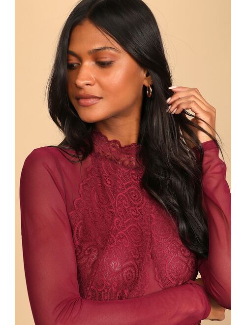 Lulus Show Stopping Burgundy Sheer Lace Long Sleeve Bodysuit