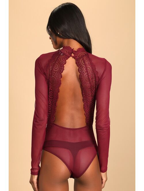 Lulus Show Stopping Burgundy Sheer Lace Long Sleeve Bodysuit