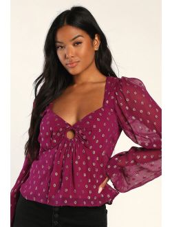 Give Us Glam Plum Purple and Gold Dot Long Sleeve Top
