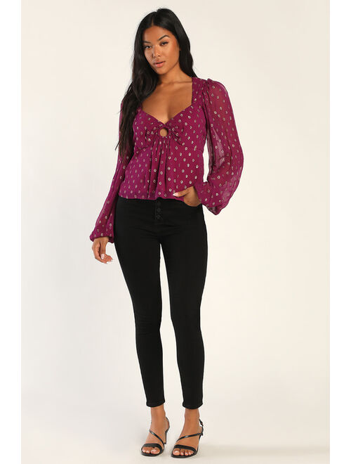 Lulus Give Us Glam Plum Purple and Gold Dot Long Sleeve Top